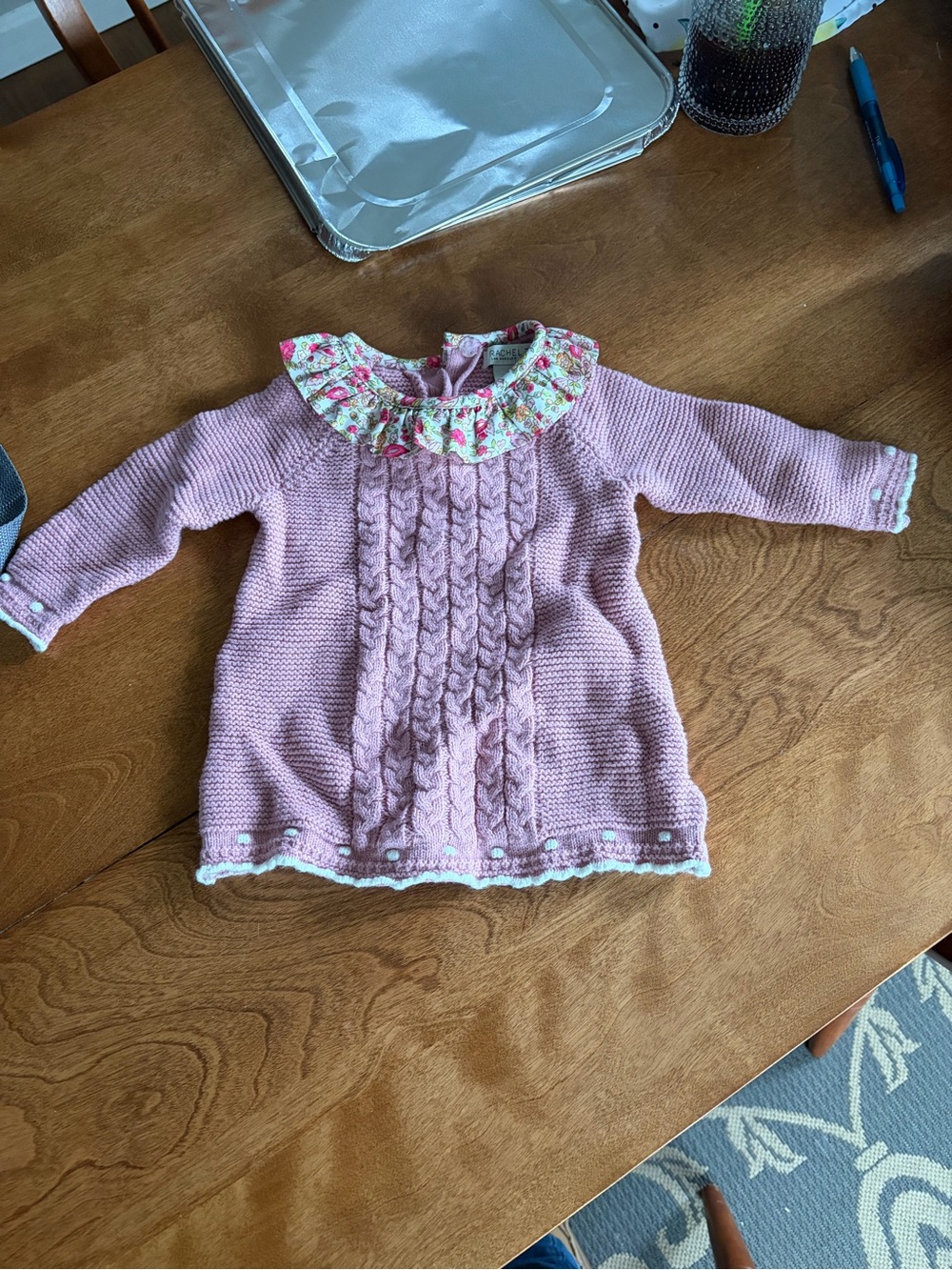 Rachel Zoe Pink Cable Knit Sweater with Floral Collar